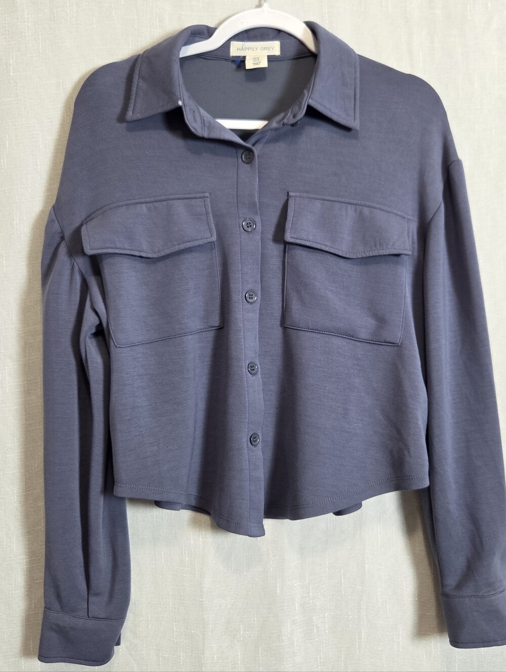 Happily Grey Blue Button Button Up  Women's Long Sleeve Collared Shirt